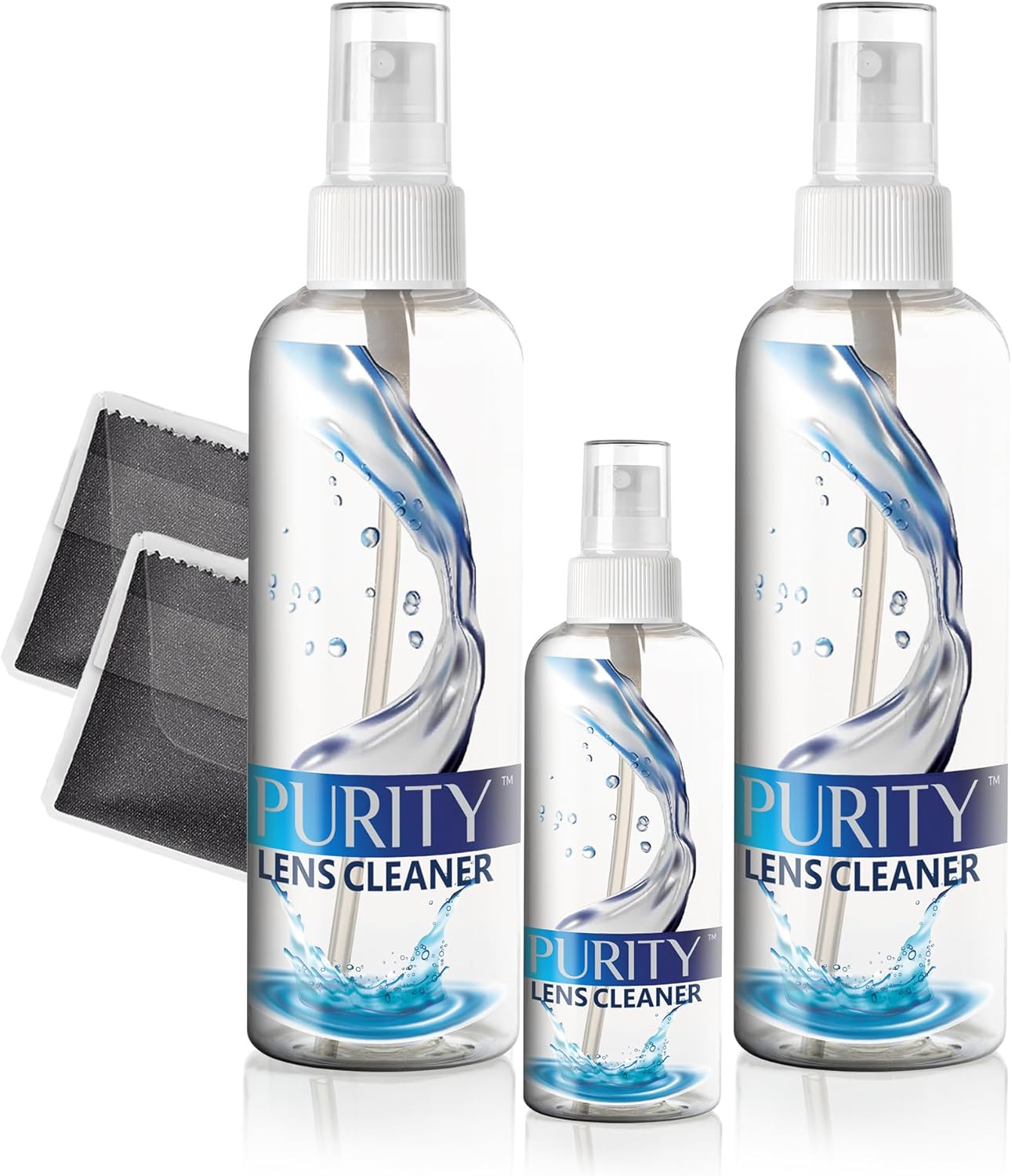 Purity Eyeglass Lens Cleaner Kit - 2 x 8oz and 1 x 2oz Lens Cleaner Spray Bottle + 2 Microfiber Cleaning Cloths - Safe for All Lenses (AR Coated Included), Eyeglasses and Screens - Clear