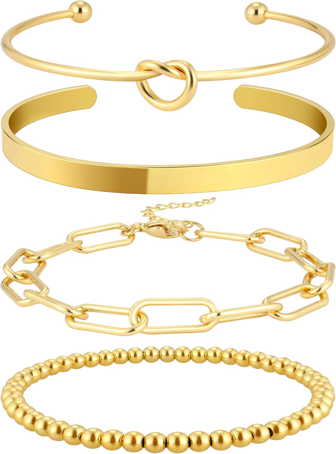 Reoxvo Gold Bracelets for Women Stack 14k Gold Plated Brass Charm Bangle Cuff Bracelet Set for Women Non Tarnish Gold Beaded Paperclip Chain Link Bracelets Jewelry for Women Trendy