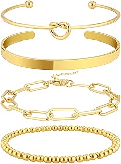 Reoxvo Gold Bracelets for Women Stack 14k Gold Plated Brass Charm Bangle Cuff Bracelet Set for Women Non Tarnish Gold Beaded Paperclip Chain Link Bracelets Jewelry for Women Trendy