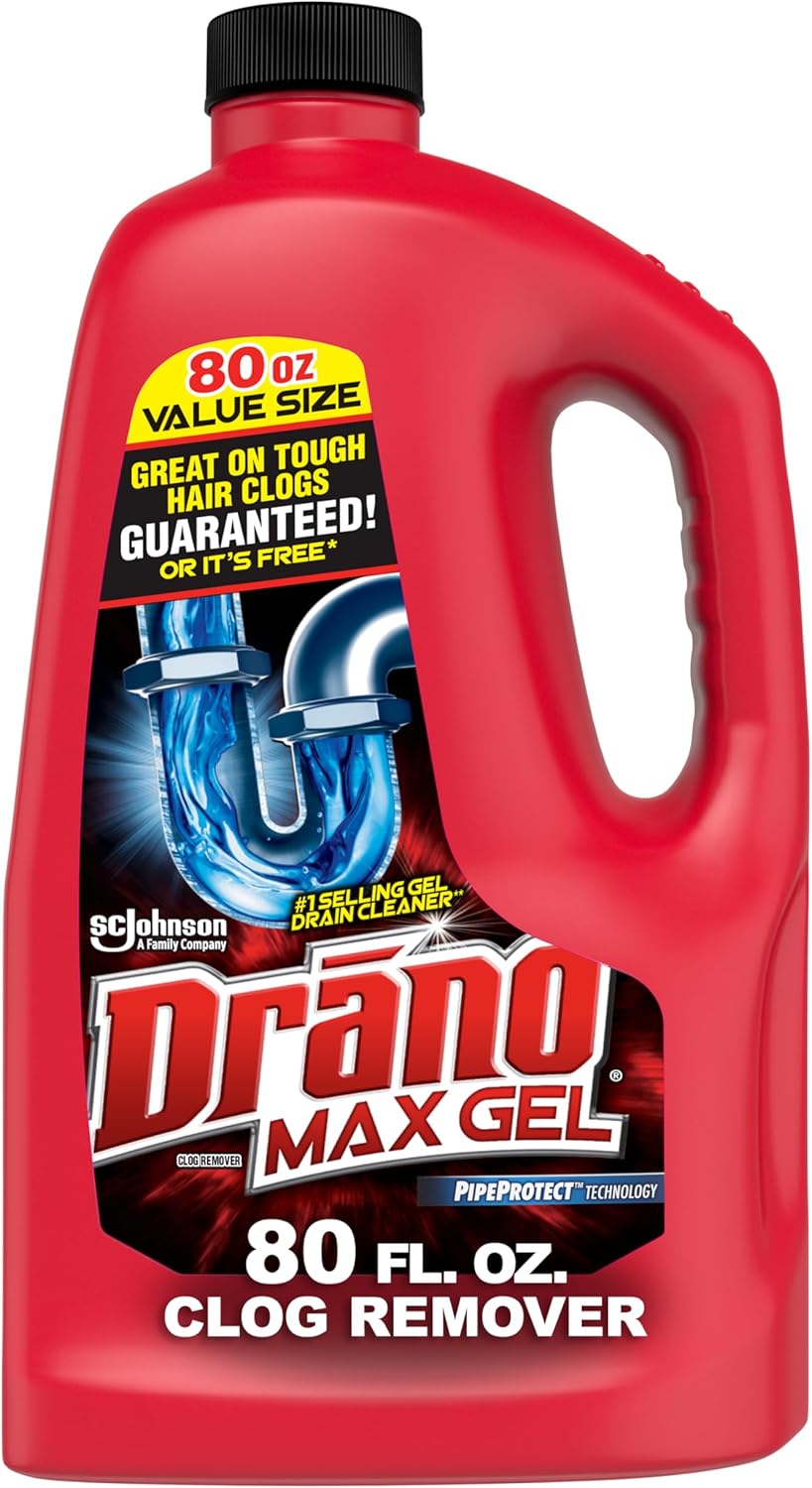 Drano Max Gel Drain Clog Remover and Cleaner for Shower or Sink Drains, Unclogs and Removes Hair, Soap Scum and Blockages, 80 Oz