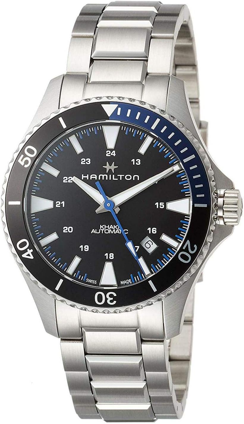 Hamilton Khaki Navy Automatic Men's Watch, 40mm Stainless Steel Case, Swiss Made, Black Dial Analog Wrist Watch for Men, 100m Waterproof, Sapphire Crystal, 3-Hand Movement, Stainless Steel Strap