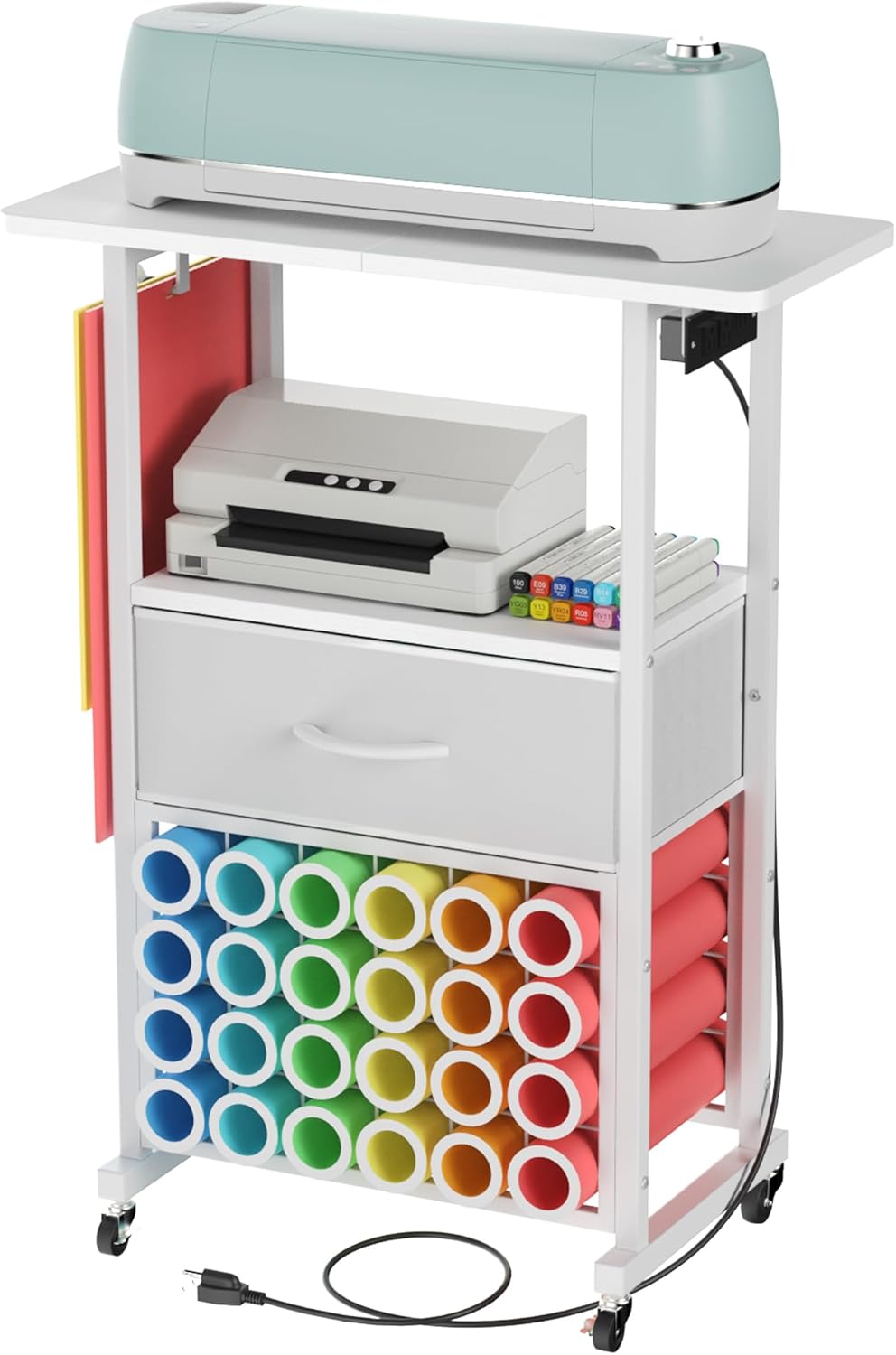 Rolling Craft Cart with Charging Station & Fabric Drawer, 24 Vinyl Roll Holders for Cricut, Organizers and Storage Compatible with Maker, Organization for Craft Room, White