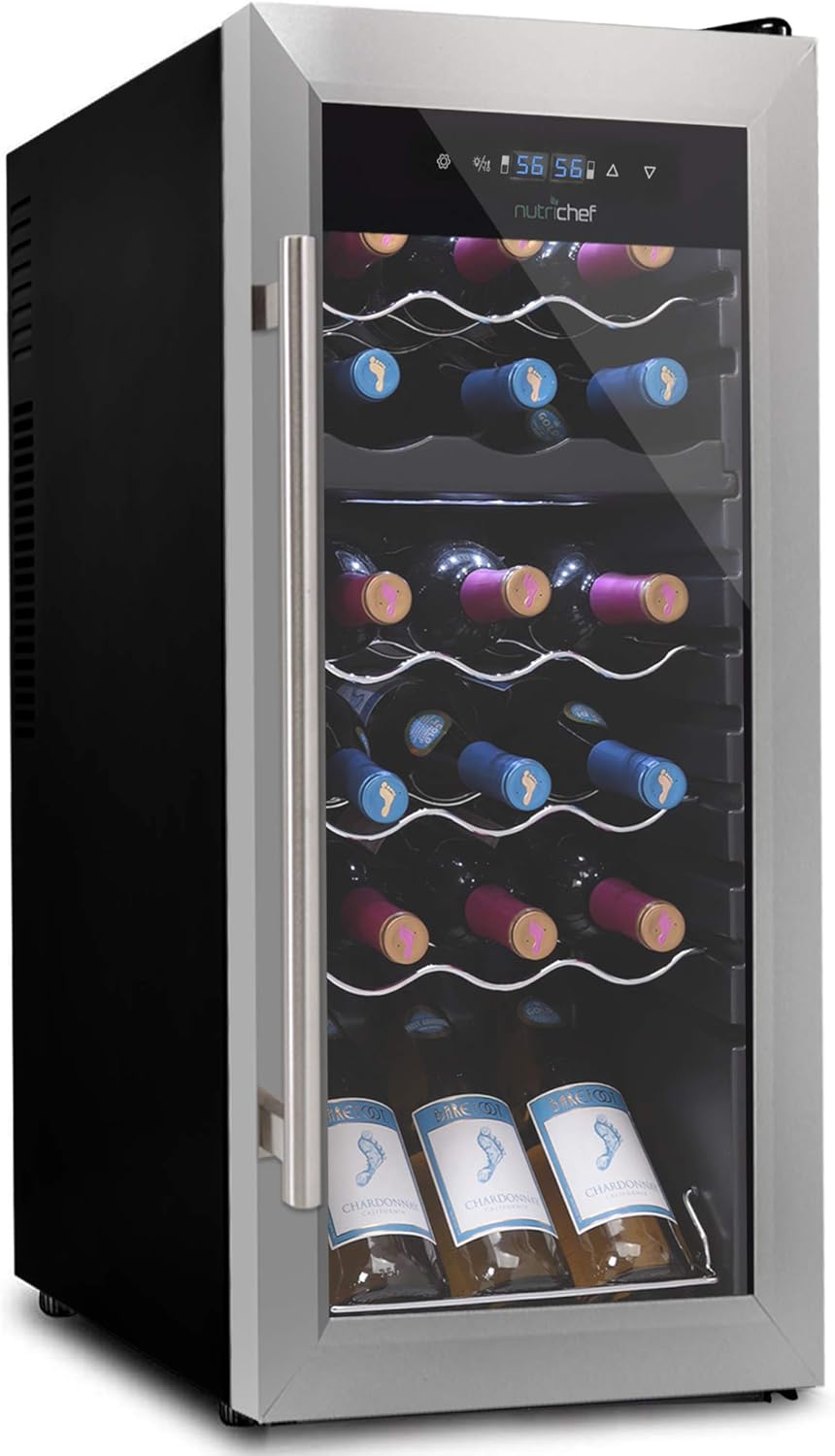 Nutrichef 18 Bottle Wine Fridge | Dual Zone Wine Chiller | Adjustable Temperature 41°F to 64°F | Ultra Quiet Operation | Wine Cooler For Home & Office | Free Standing 32x13x19 IN | Black