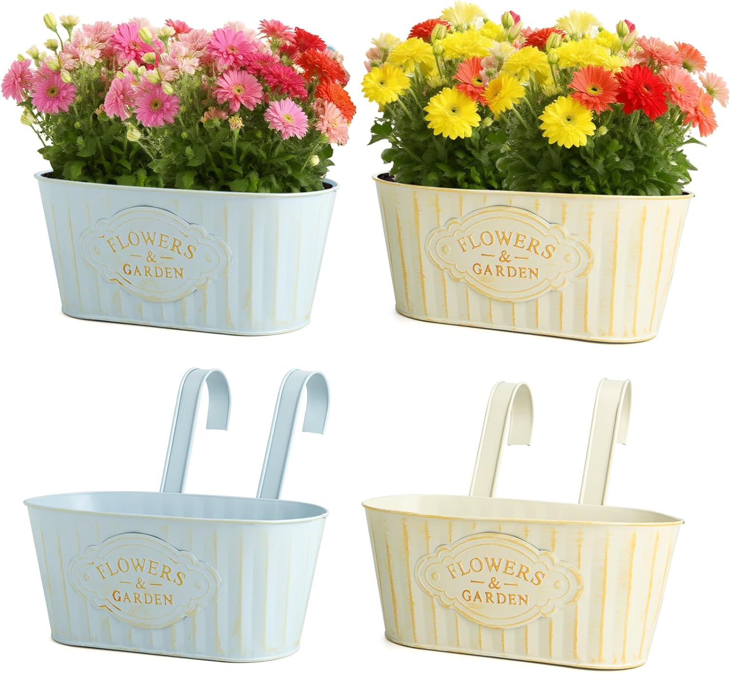 XXXFLOWER 4 Pcs Hanging Metal Flower Pots with Detachable Hooks and Drainage Hole，Vintage Wall Hanging Basket for Balcony Garden Fence Home Decor（2 x Blue，2x Milky ）