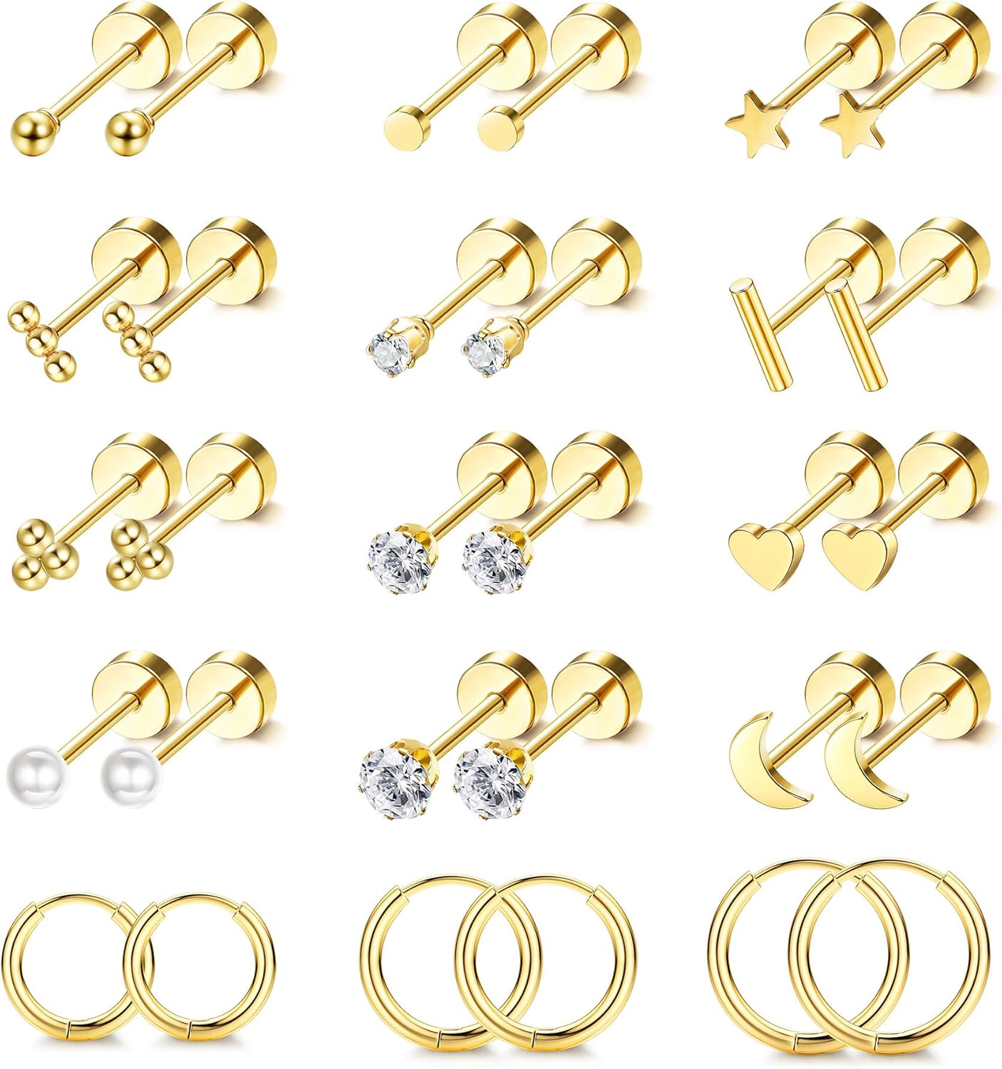 FIOROYAL 15Pairs Stud Earrings for Women Surgical Steel Hypoallergenic Earrings 14K Gold Plated Flat Back Earrings Set Tiny Ball Pearl Moon and Star Earrings Helix Cartilage Hoop Earrings for Women Girls