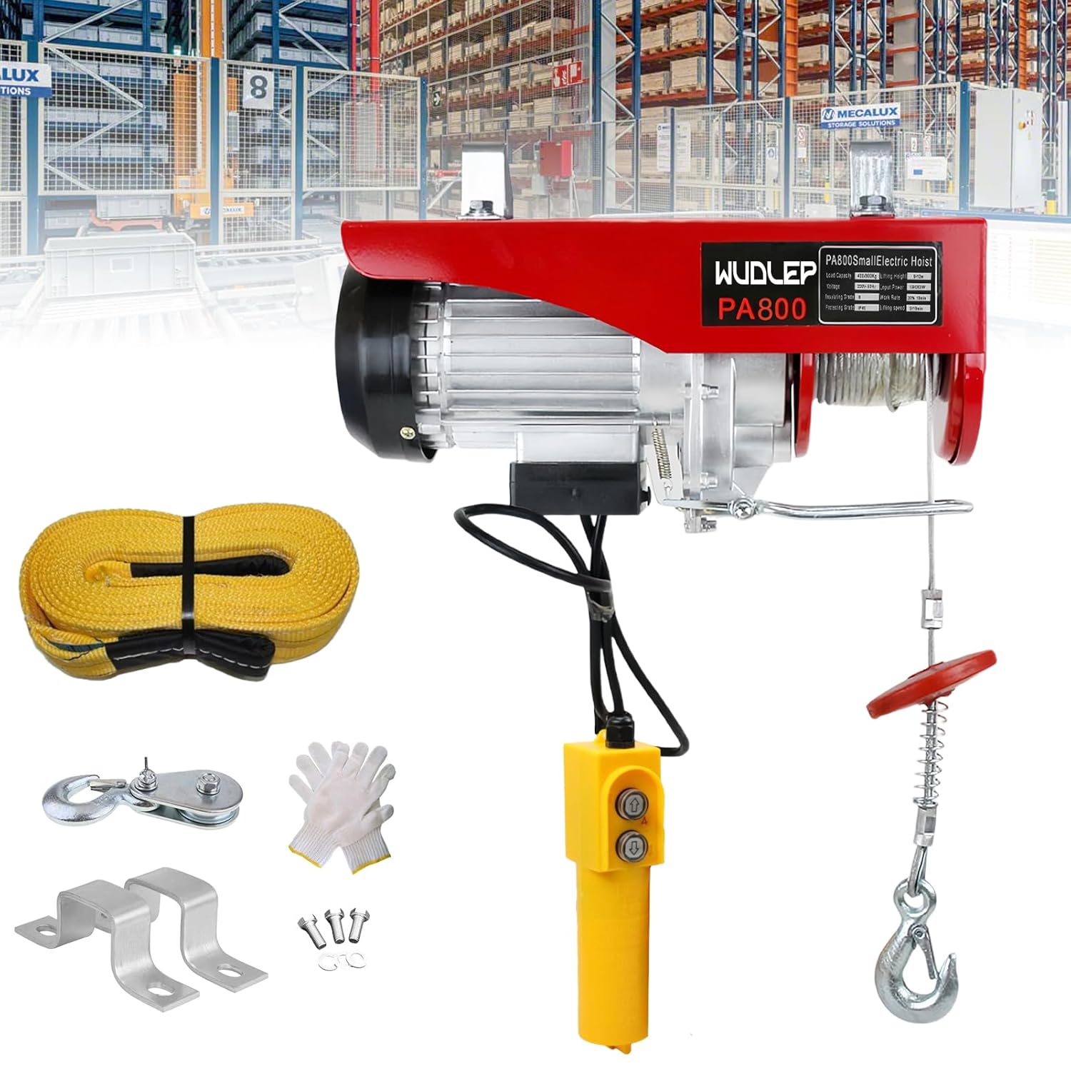 WUDLEP 800 KG Electric Hoist Lift with 5M Wired Remote Control,Overhead Electric Hoist 220V 12M Lifting & Pure Copper Motor, for Garage Warehouse Factory