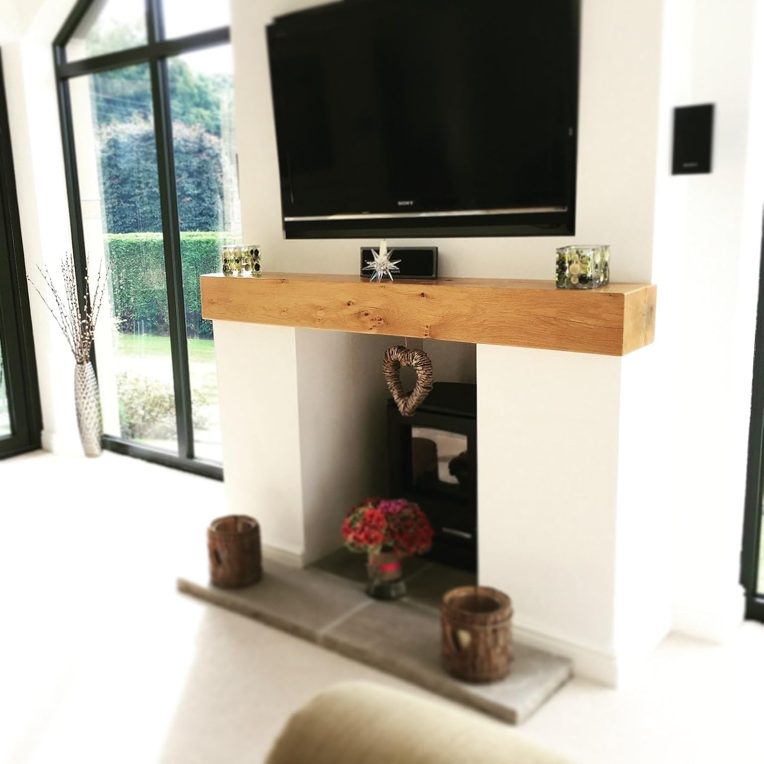 Solid French Oak Air-Dried Beam Floating Shelf - Fireplace Mantle with Planed & Sanded Finish - Wood Mantle with Lightly Worked Rustic Appearance for Home Decor - 4''x5''x5 Ft Length