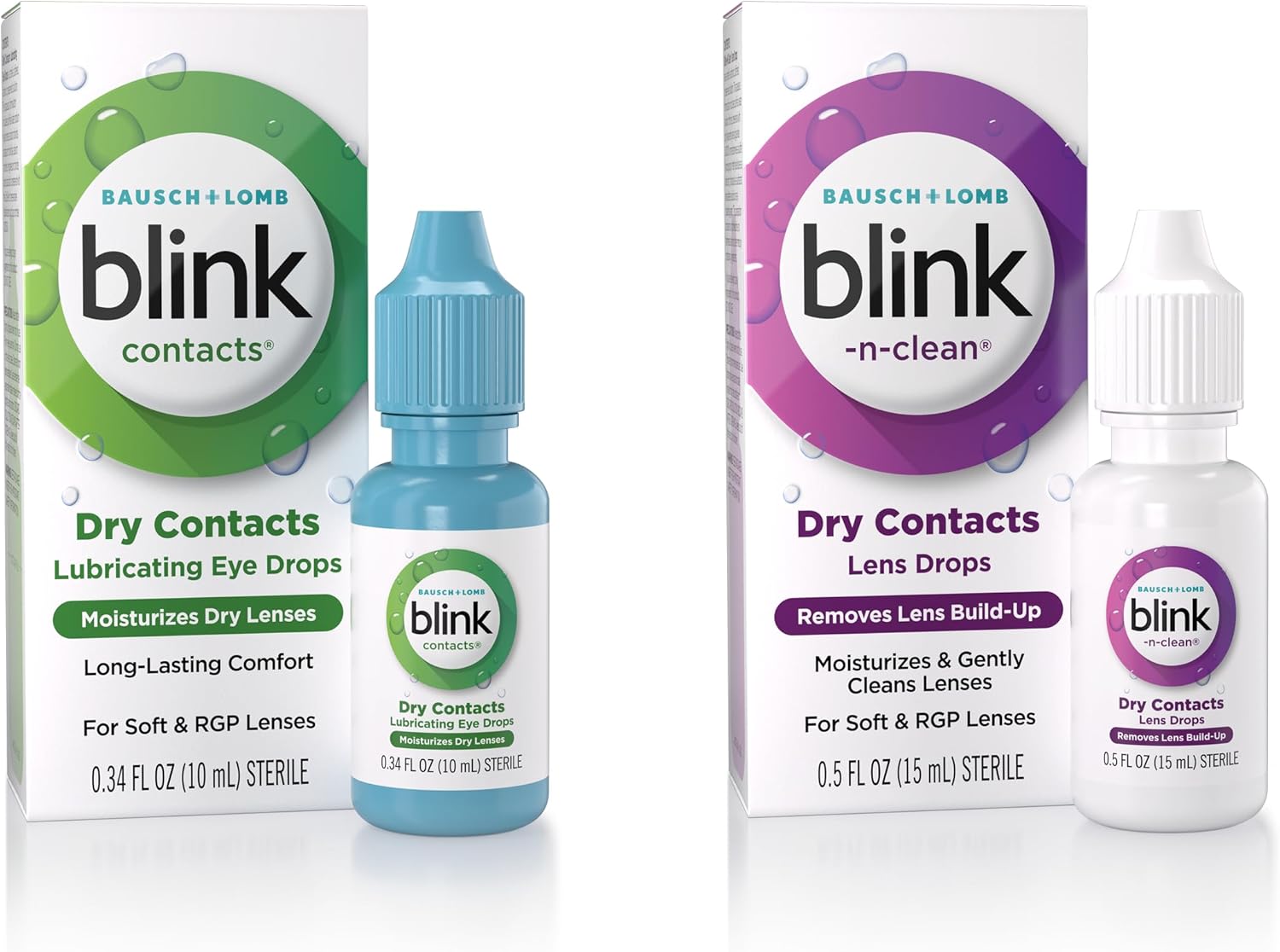 BLINK Contacts Lubricating Eye Drops Moisturizing & Soothing for Soft & RGP Contact Lenses,0.34 Fl Oz N-Clean Contact Lens Drop, Rewetting Drops for Soft & RGP Contact Lenses, 0.5 Fl Oz