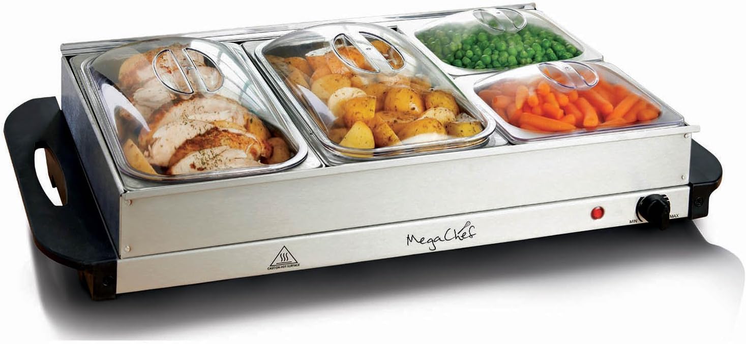 MegaChef Stainless Steel Housing Easy Clean Buffet Server & Food Warmer With 4 Sectional Trays