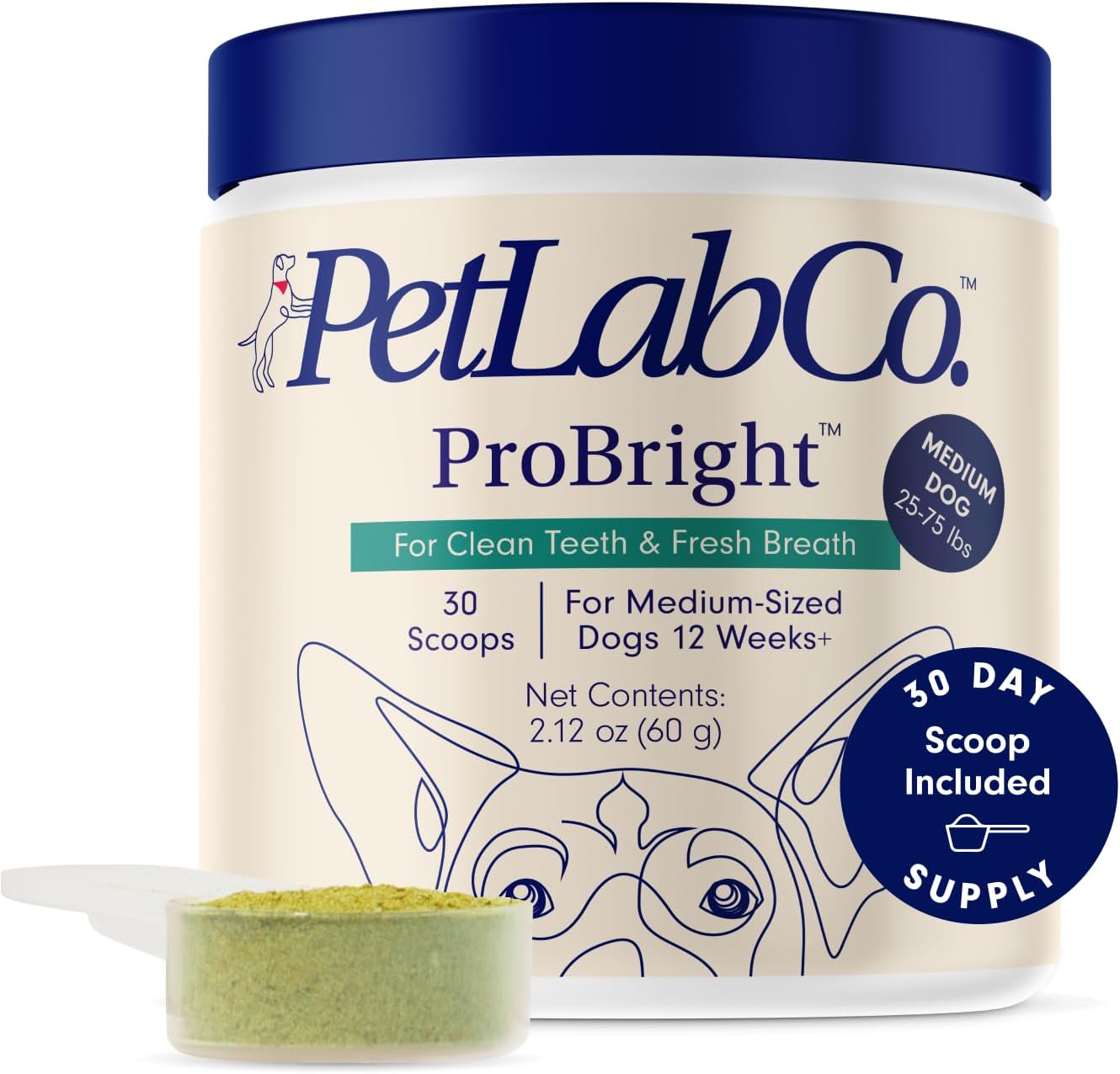 PetLab Co. ProBright Dental Powder - Dog Breath Freshener - Teeth Cleaning Made Easy – Targets Tartar & Bad Breath - Formulated for Medium Size Dogs