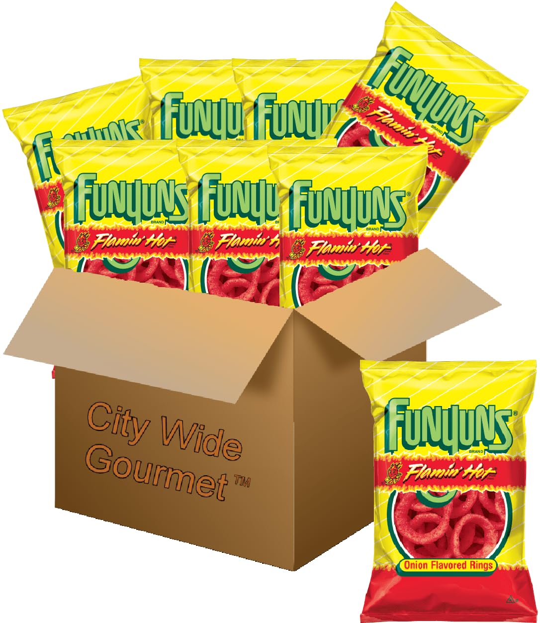 Funyun's Flamin" Hot Onion Flavored Rings, 1.25 ounce bags (Pack of 8), Bundled by City Wide Gourmet