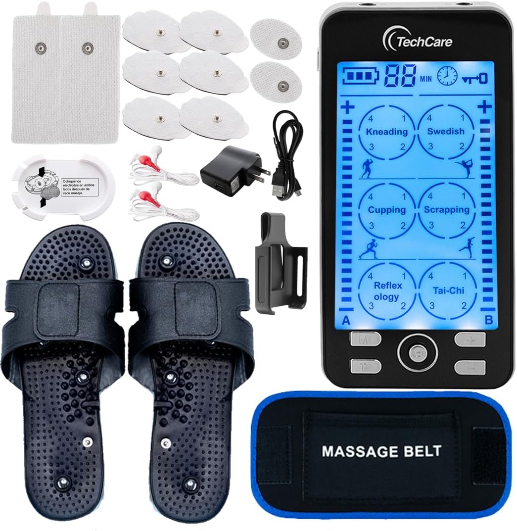 TechCare Plus 24 Modes Tens Unit Muscle Stimulator Massager Rechargeable Unit Electric Complete Set + Massage Belt + Reflexology Shoes Back Neck Pain
