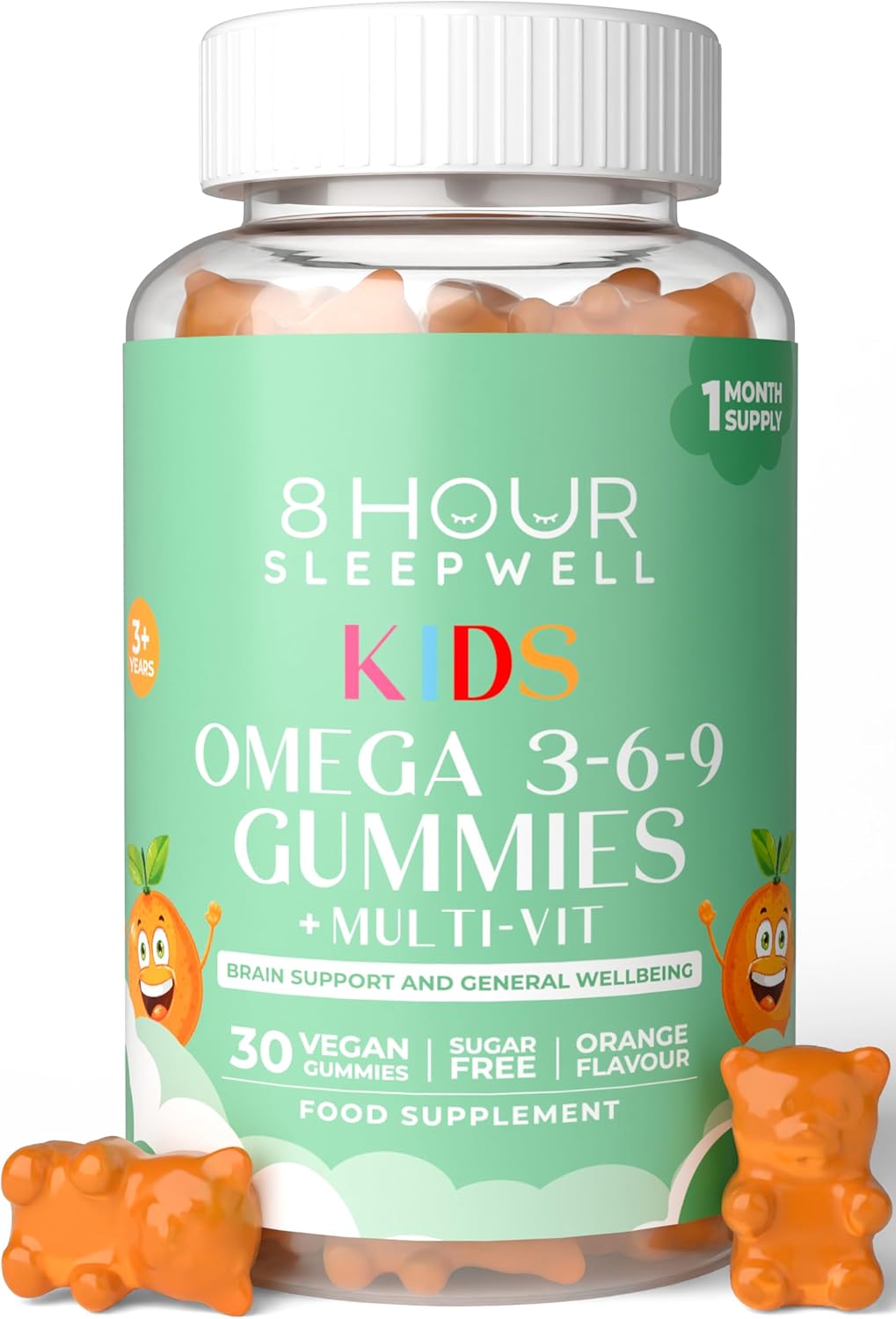 Kids Omega 3, 6 & 9 Gummies – Sugar-Free, Vegan & Gluten-Free | Plant-Based Omega with 8 Essential Vitamins | Chewable, Tasty Alternative to Fish Oil | 1 Month Supply