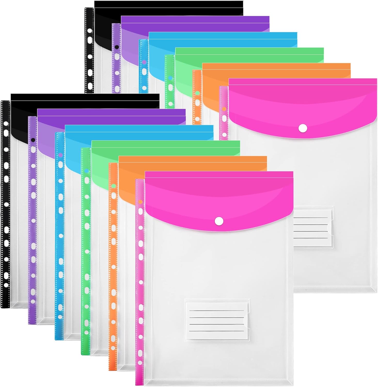 TOOELMON Punched Pockets A4 Plastic Wallets 12 Pack A4 Folders Wallets Plastic Document Files Popper Wallets with Pocket