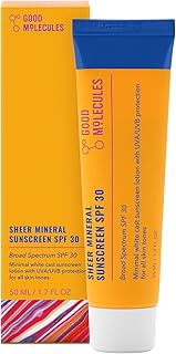 Good Molecules Sheer Mineral Sunscreen SPF 30 Minimal Whitecast Zinc Oxide Sunscreen with Hyaluronic Acid, Reef-Safe, UVA/UVB Protection - Skincare for Face