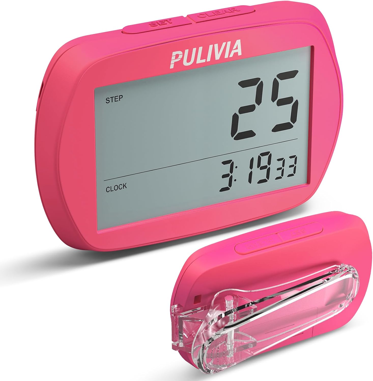 PULIVIA Pedometer for Walking 3D Step Counter with Clock, Simple Operation Portable Steps Tracker with Clip Lanyard