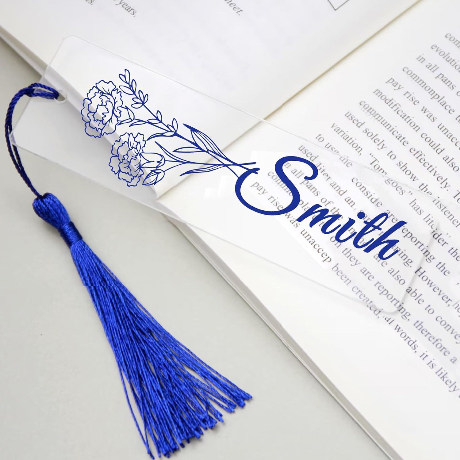 Personalised Bookmark Acrylic Bookmarks with Birth Flower Custom Bookmarks Gifts with Tassels Book Marks for Women Birthday Christmas Anniversary Men Son Daughter Nanny Book Lovers (Blue)