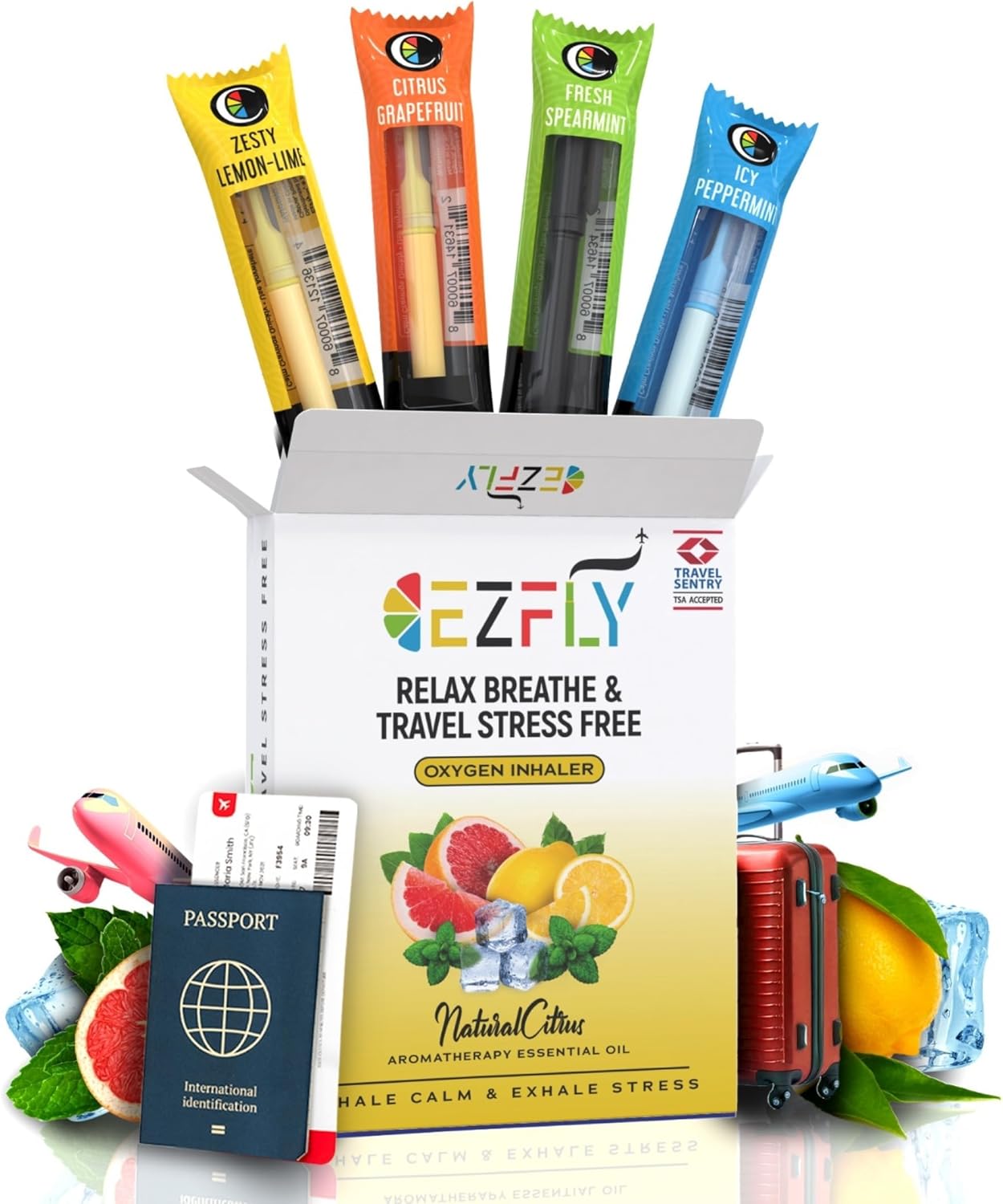 TSA-Accepted Calming Inahler - EZFly Essential Oil Travel Companion - Long Lasting Relief, Lightweight for Stress Management for Flights (Assorted 4 Flavors)
