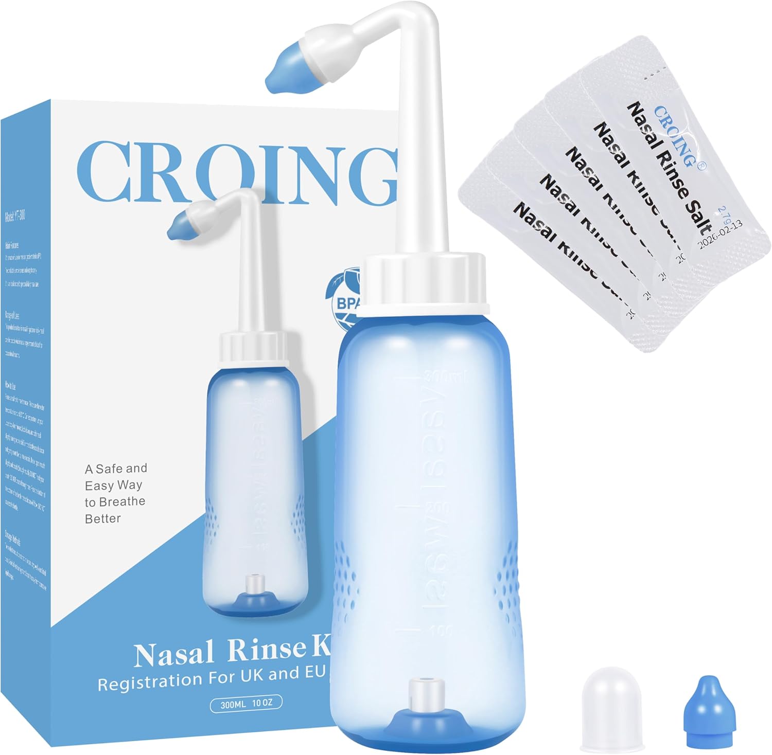 CROING 40 x Sinus Rinse Mix + 1x Nasal Wash Bottle (300ml), Neti Pot Kit, Nasal Rinse, Nasal Irrigation Salt
