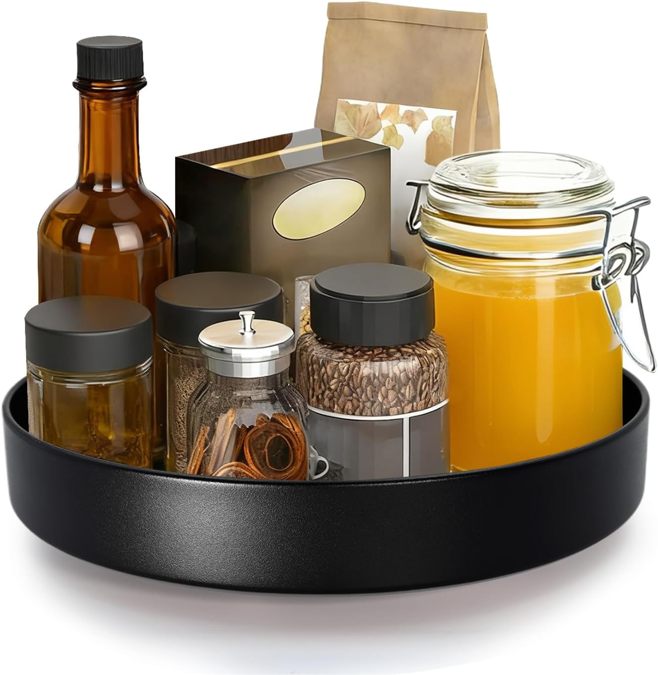 Metal Lazy Susan Organizer, 8.6 Inch Anti-Rust Turntable for Cabinet, Kitchen, Dining Table, Bathroom – Rotating Spice Rack, Spinner Storage, Round Carousel Organizer for Countertop Black