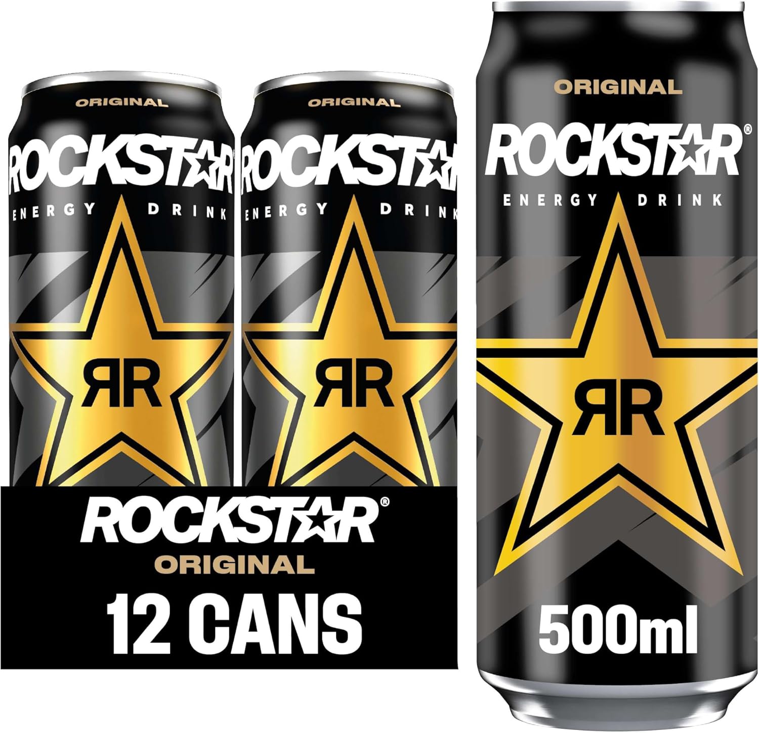Rockstar Energy Drink - Original - Non-Alcoholic - 200 mg Caffeine - Caffeinated Drink with Taurine, Guarana, Ginseng, & B-Vitamins - 12 x 500ml cans