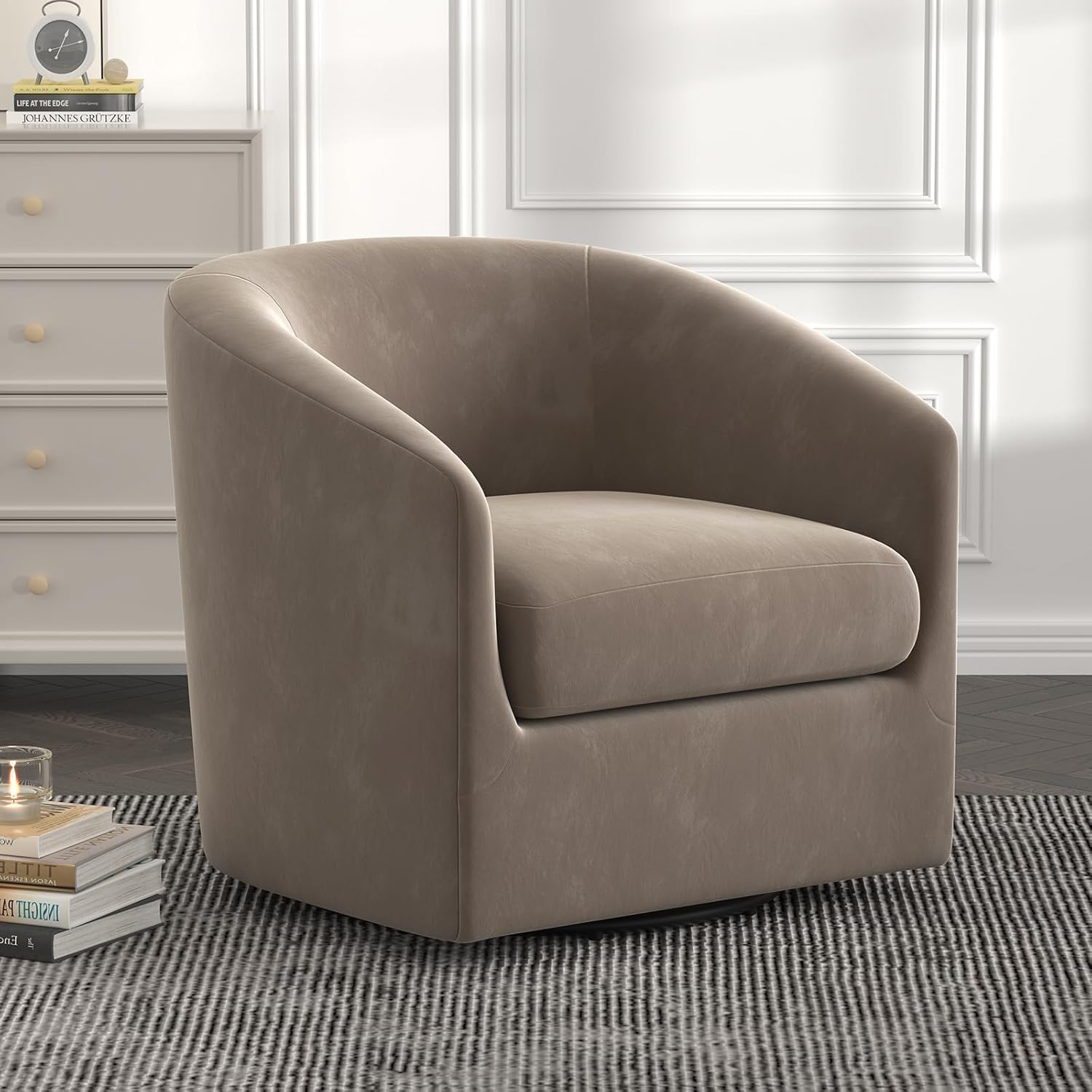 Accent Swivel Chair,Modern Fabric Arm Chair Sofas,Upholstered Barrel Curved Chair with Meatl Base & Handrail for Living Room, Bedroom, Guest Room,Khaki