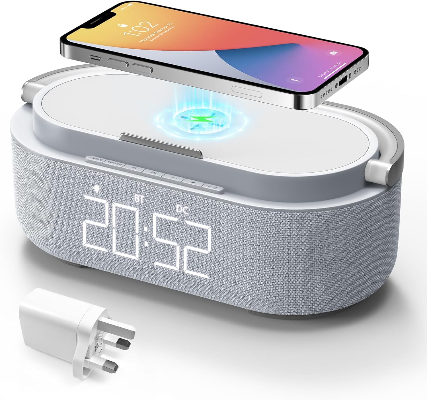 COLSUR Bluetooth Speaker with Radio, 15W Fast Wireless Charger, FM Radio, Bedside Night Light for Heavy Sleepers, Snooze, Dimmable LED Display, 2500mAh Battery USB Charging Port