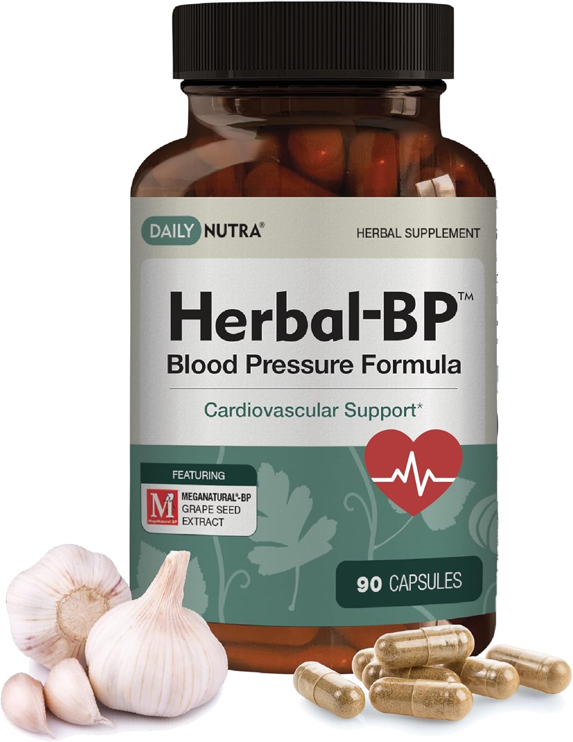 Herbal-BP Natural Blood Pressure Supplement for Circulatory Health | Grape Seed Extract, Garlic, Hawthorn, Olive Leaf & Ashwagandha (90 Capsules)