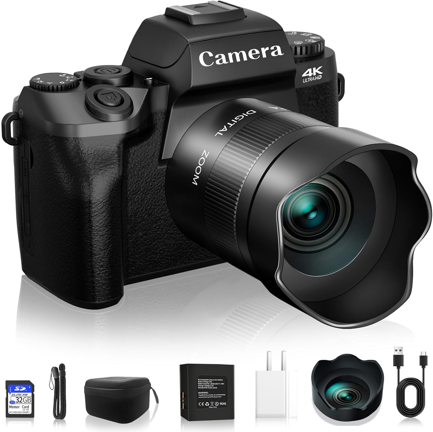 Digital Cameras for Photography, NIKICAM 4K 64MP WiFi Vlogging Camera for YouTube with Dual Camera, 4" Touch Screen Compact Camera with Flash, 32GB SD Card, Lens Hood & 3000mAH Battery-Black