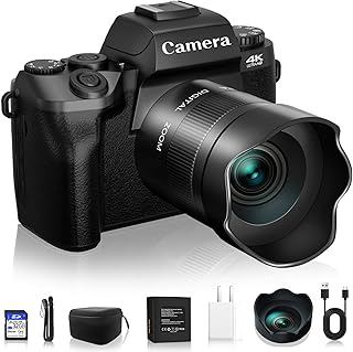 Digital Cameras for Photography, NIKICAM 4K 64MP WiFi Vlogging Camera for YouTube with Dual Camera, 4" Touch Screen Compact Camera with Flash, 32GB SD Card, Lens Hood & 3000mAH Battery-Black