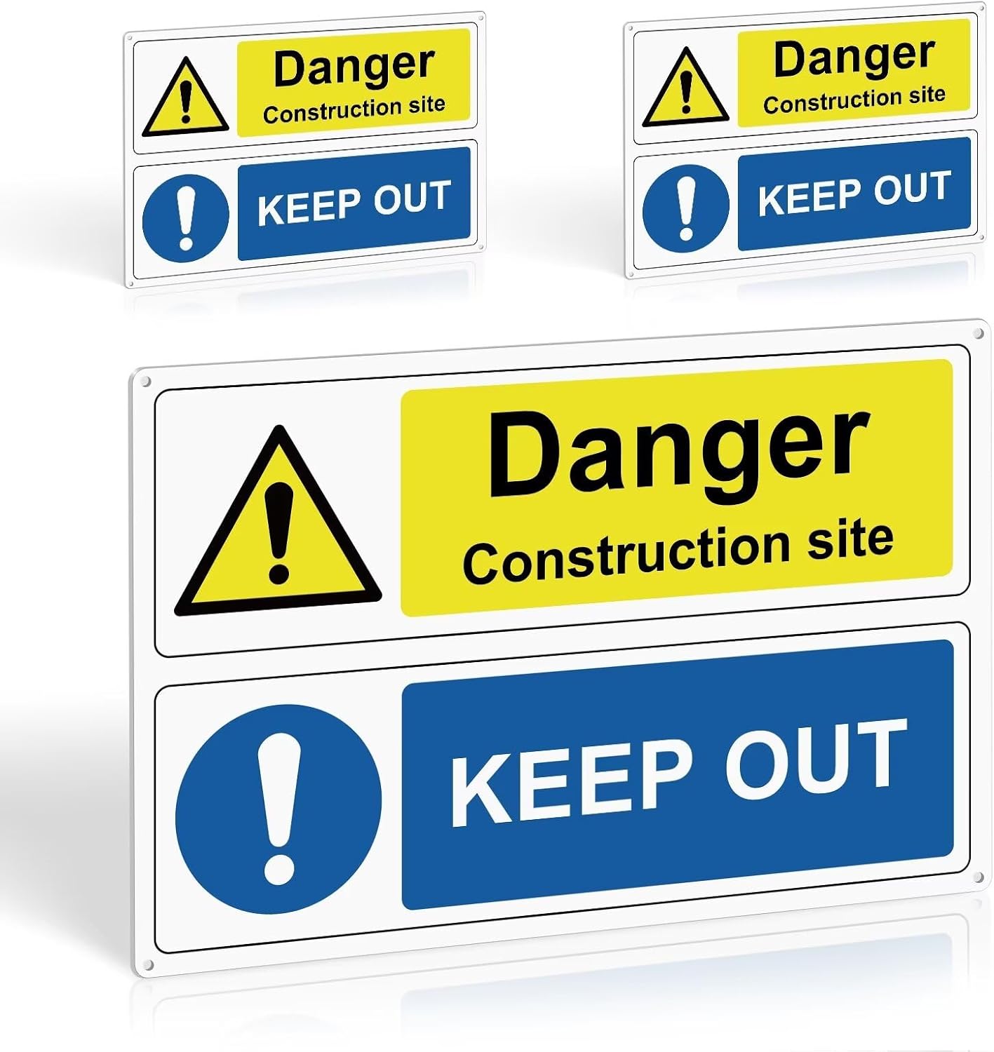 3Pcs Danger Construction Site Keep Out Signs - Safety Warning Sign Set, 300x200mm, 1mm PVC Rigid Plastic, 4 Pre-Drilled Holes and Self-adhesive Backing