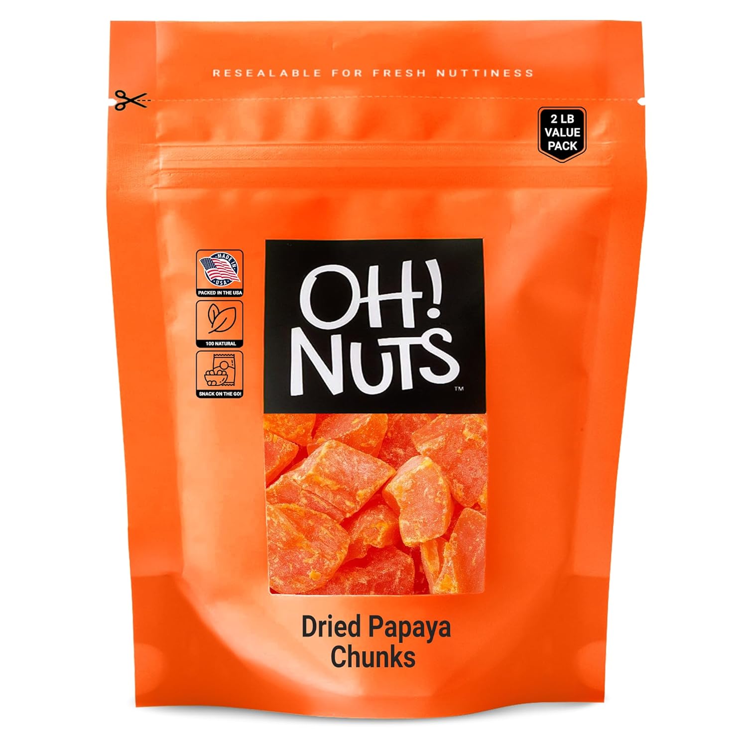 Oh! Nuts Dried Papaya Chunks - 2 lb - Dried Fruit Chunks - Less Sugar Added - Dehydrated Fruit Bites - Packed in New York Zip-Seal Bag for Exceptional Freshness
