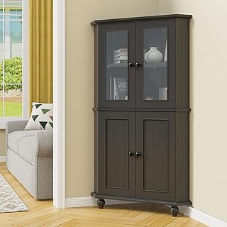 Scurrty 53.1" Tall Corner Cabinet, Antique Corner Cabinet,Corner Storage Cabinet with 4 Doors and 4-Tier Shelves, Free-Standing Corner Storage Organizer for Living Room, Dining Room & Bathroom (Black)