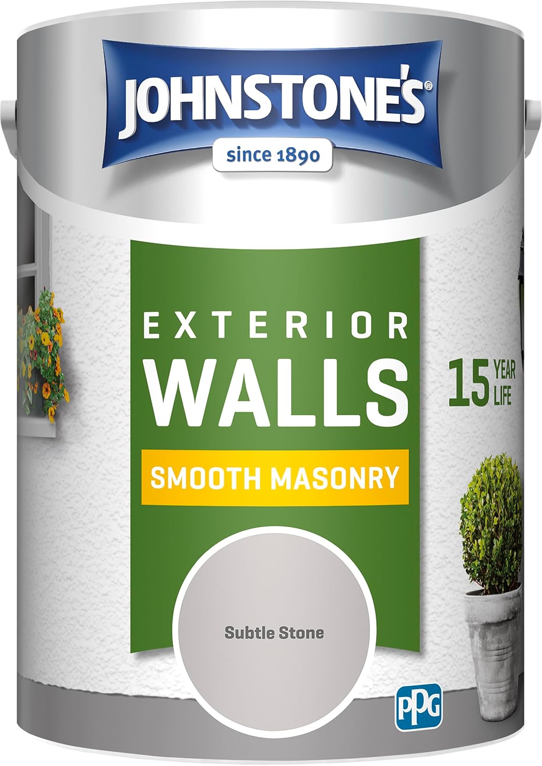 Johnstone’s – Exterior Smooth Masonry Paint – Subtle Stone – Up to 15 Years Protection – Weather & Dirt Resistant – 60m² Coverage Per Tin - Dry in 1-2 Hours – 5 L