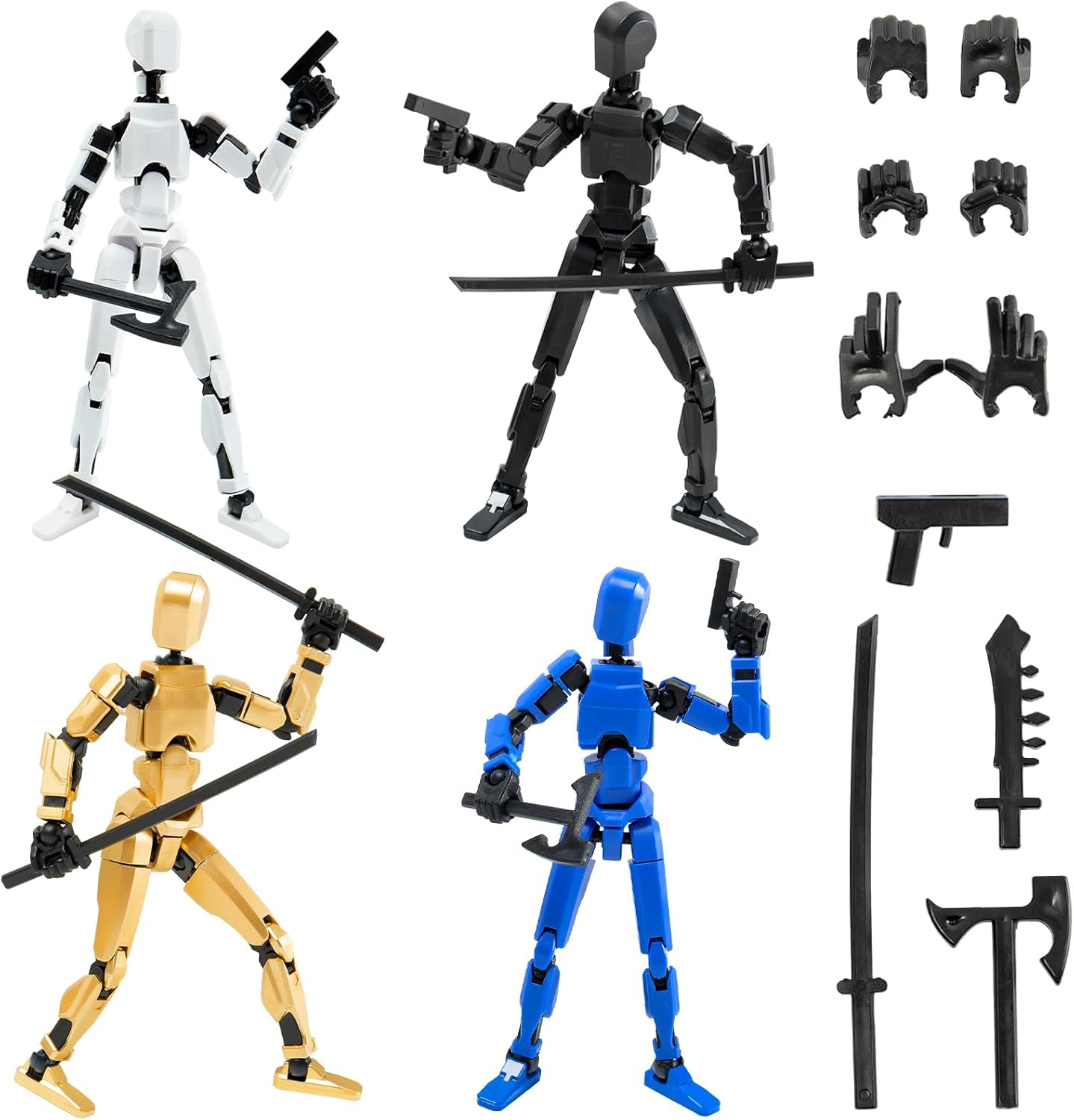 4PCS Titan 13 Action Figures Set Robot Fidget Toys for Kids, Lucky Dummy T Nova N 13 Action Stick Figure Sensory Toy for Boys, Multi Movable Joints Fidgets (Golden+Black+White+Blue)