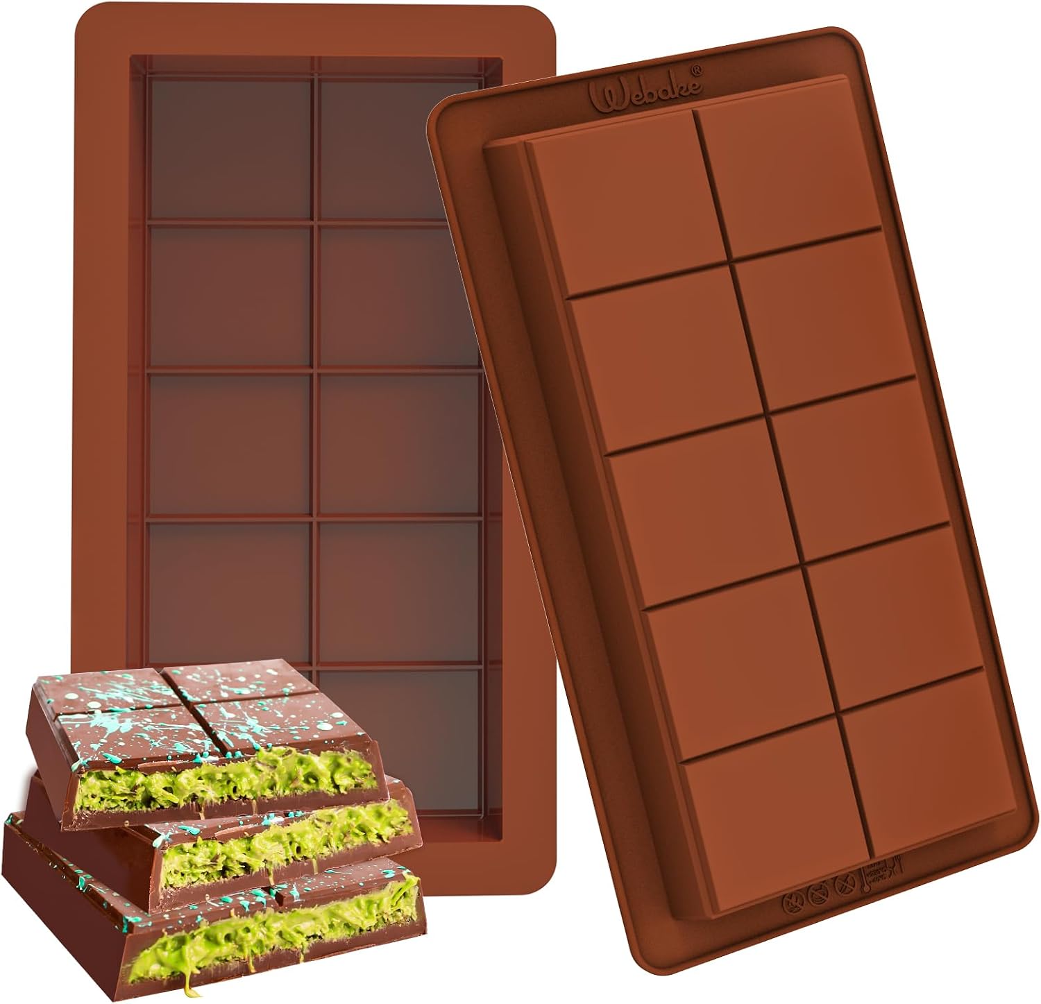 Webake Deep Chocolate Bar Moulds Silicone LFGB 2 Pcs Big Chocolate Bar Mould Thick Candy Bars Moulds