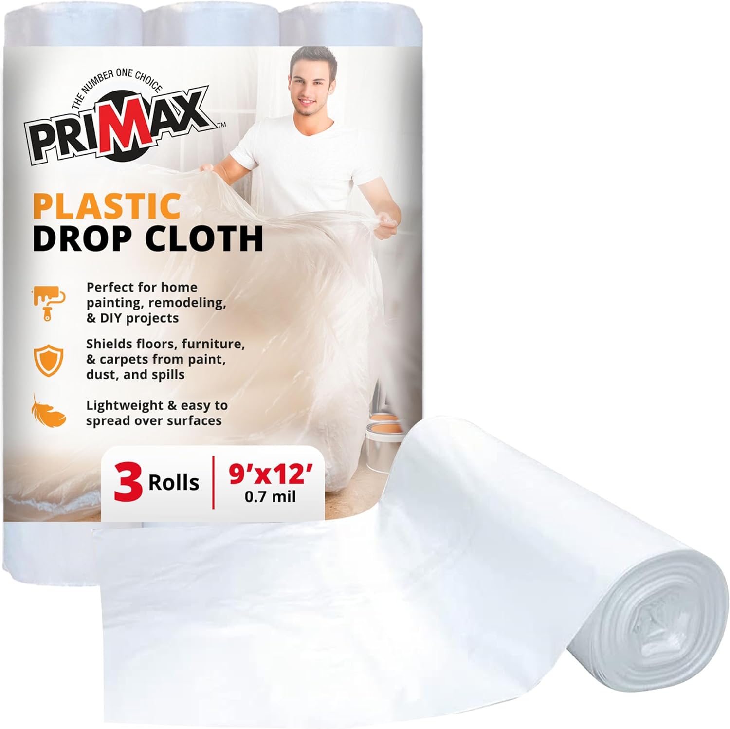 PRIMAX Clear Plastic Drop Cloth 9x12 ft (3 Pack) – Waterproof Painters Plastic Sheeting for Painting, Furniture Covers & Dust Protection – Easy Cleanup, Mess-Free Solution for Painting or Renovations