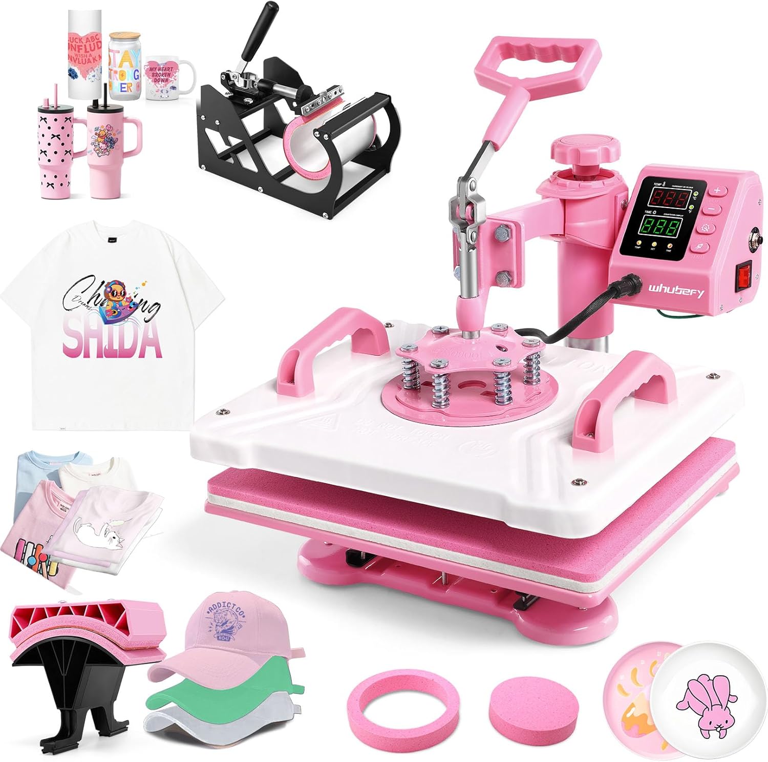 Whubefy Heat Press 12x15, 5 in 1 Heat Press Machine 360° Swing Away, Pink Sublimation Heat Press Digital Heat Transfer with 20oz Tumbler Press Machine, Heat Press Machine for Hat Cap Mug Plate