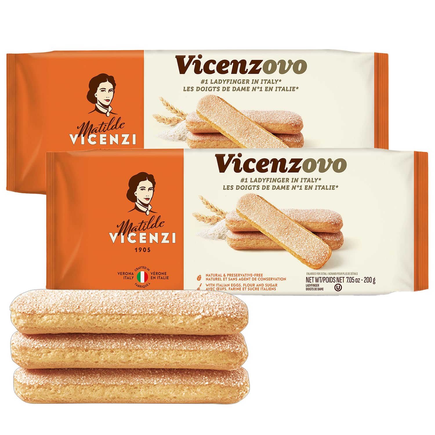 Matilde Vicenzi Vicenzovo Ladyfingers 14.10oz - Classic Italian Biscuits, Ladyfingers Cookies for Tiramisu, Kosher Dairy Cookies, Italian Bakery Dessert Gifts For Special Occasions 7.05 oz (200g), 2Pk