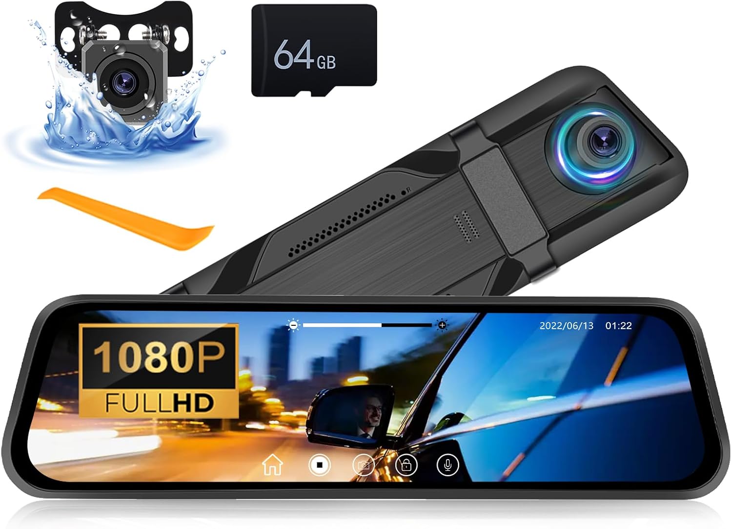 OiLiehu 9.66" 1080P Mirror Dash Cam, LCD Touch Screen Smart Rear View Mirror Camera, Dash Cam Front and Rear for Cars and Trucks, Night Vision, Reverse Assist, G-sensor, Loop Record, 64G Card