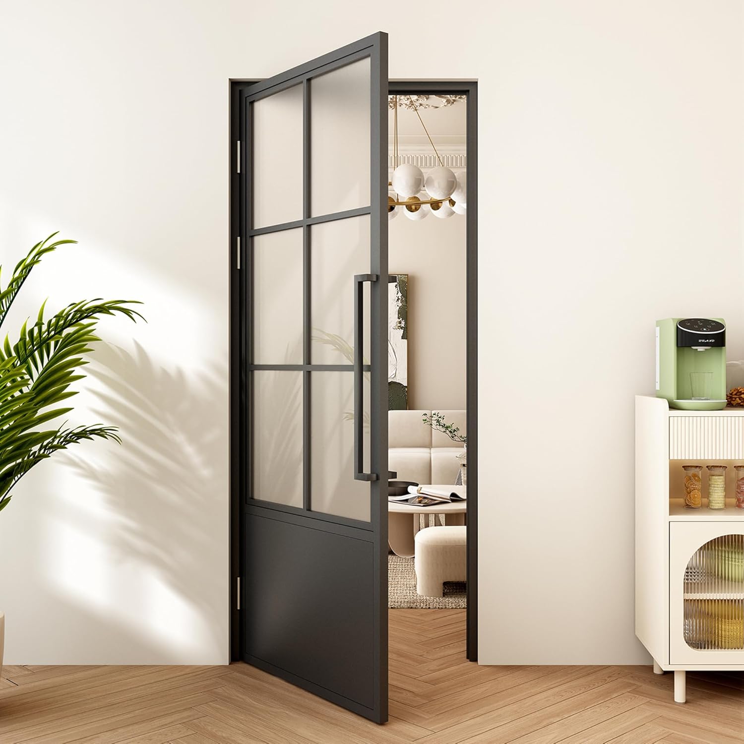 JUBEST 36"x 84" Prehung Door, 6-Lite Magnetic Interior Door with Black Metal Frame and Frosted Glass, Pre-Assembled Hinged, Left-Hand, Easy to Install