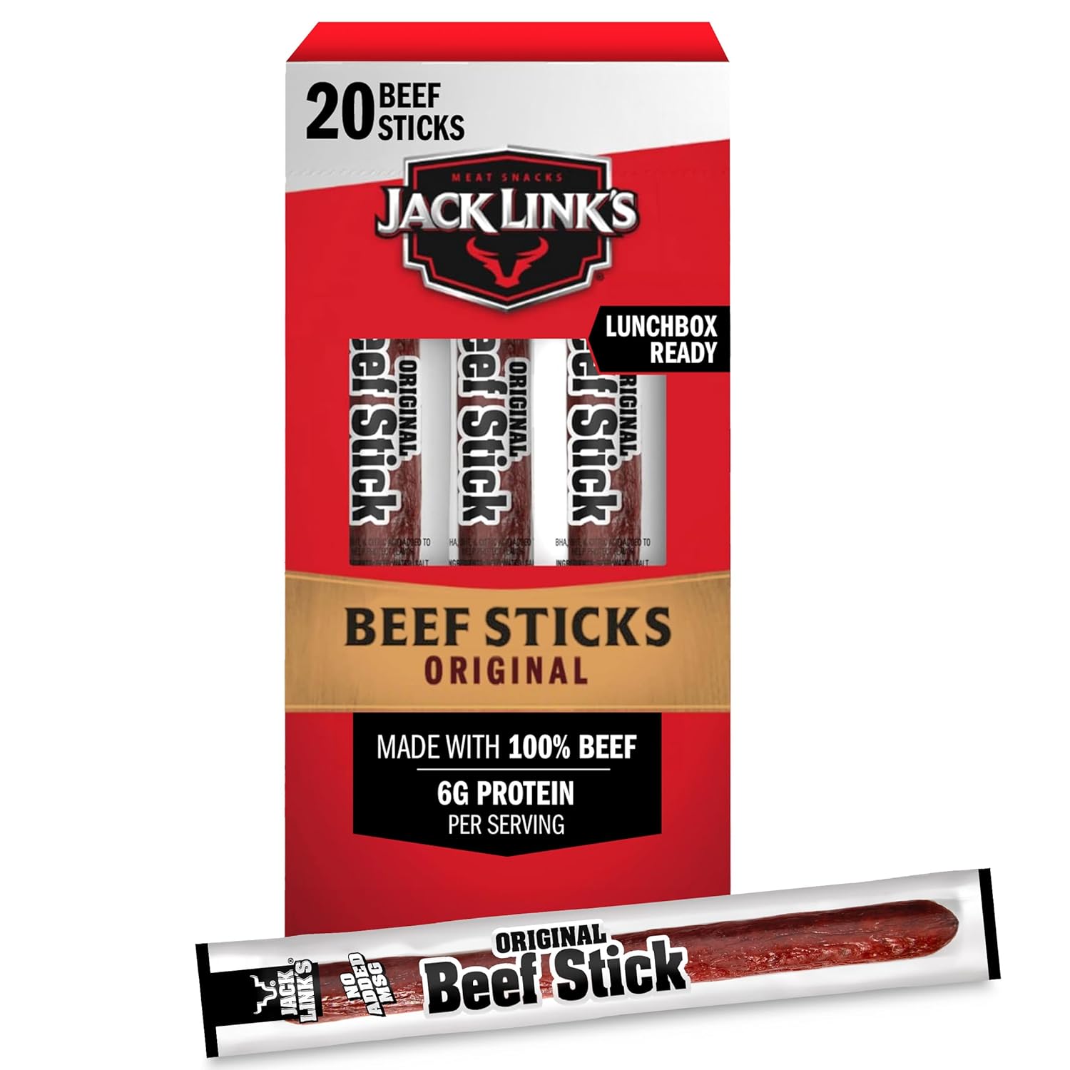 Jack Link's Beef Sticks, Original - Protein Snack, Meat Stick with 6g of Protein, Meat Snack Sticks Made with 100% Beef, Keto Friendly, Individually Wrapped - 0.92 Oz. (20 Count)