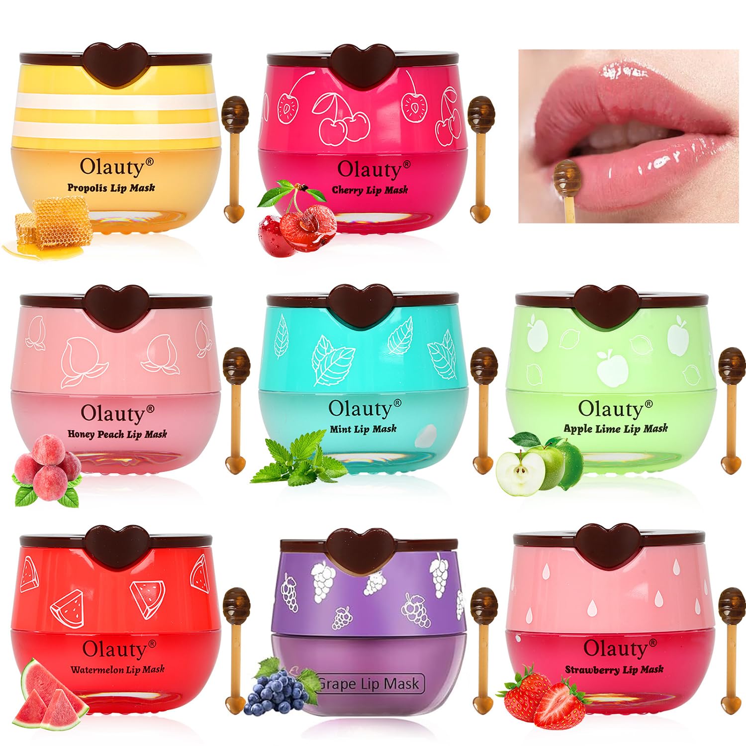 8 PCS Bee Lip Balm Honey Pot - Strawberry, Watermelon, Apple Lime, Cherry, Mint, Grapes & Peach Flavors Honey Lip Balm Bulk - Sleeping Mask Overnight for Hydrating & Preventing Dry, Cracked Lips