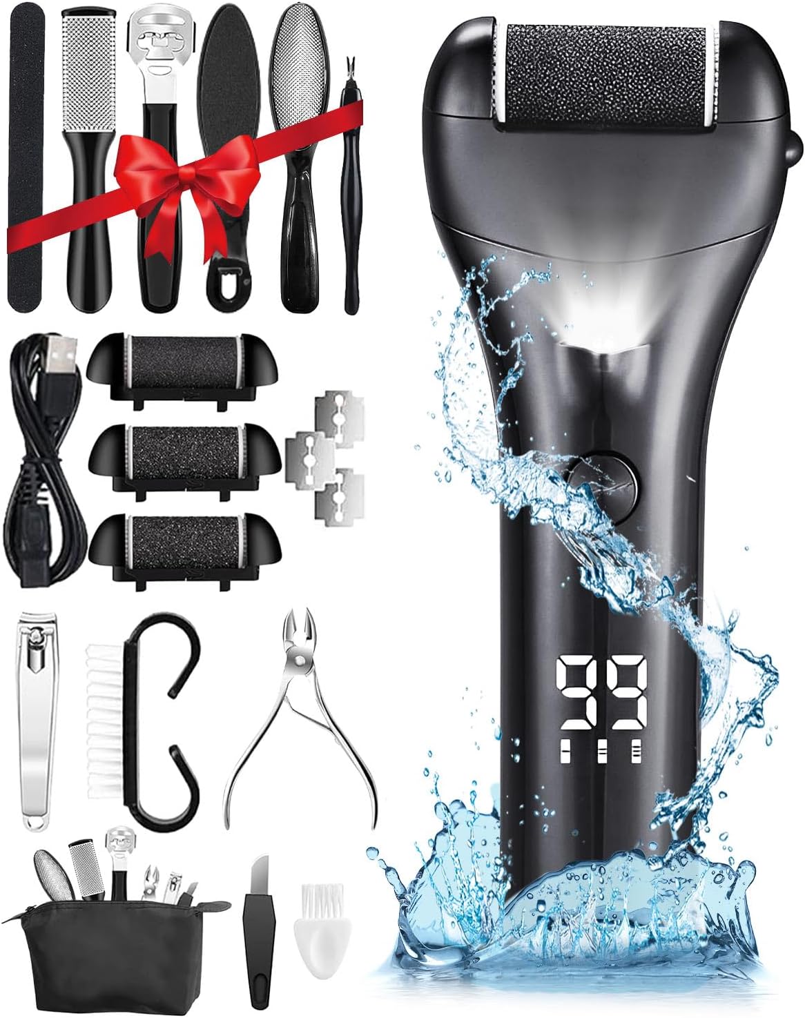 Electric Foot File for Hard Skin Remover, 16 in 1 Rechargeable Pedicure Sets for Feet, Waterproof Callus Remover with 3 Replacement Roller Heads, 3 Speeds & LED Display, Foot Care Kit with Storage Bag