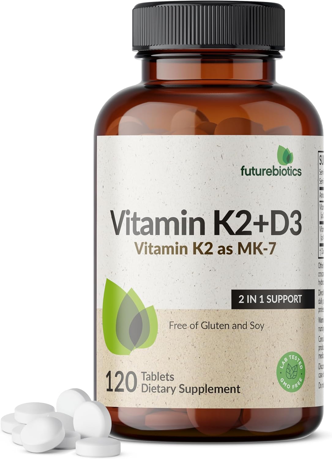 Futurebiotics Vitamin K2 with D3, 2 in 1 Support, 5000 IU Vitamin D3 & 90 mcg Vitamin K2 MK-7 Non-GMO, 120 Tablets