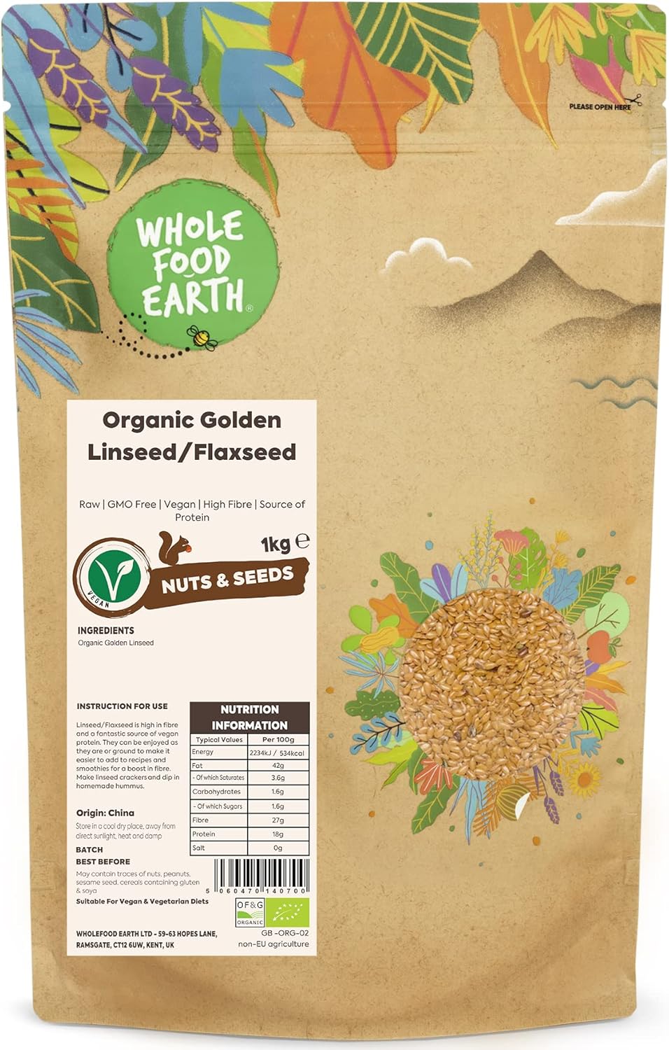 Wholefood Earth Organic Golden Linseed/Flaxseed - 1kg - High Fibre - Source of Protein - Certified Organic