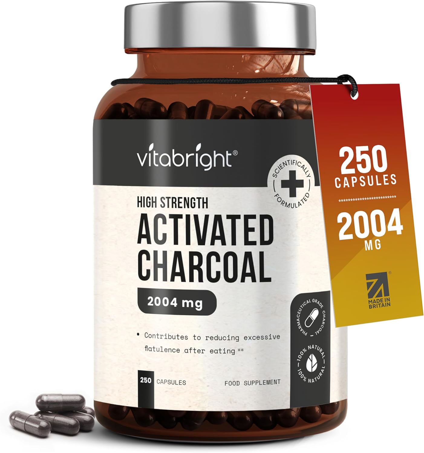 VitaBright Activated Charcoal Tablets for Stomach Wind | 2004mg | 250 Capsules | Activated Charcoal Powder in Easy-Open Veggie Capsules | Debloating Tablets - Reduce Flatulence