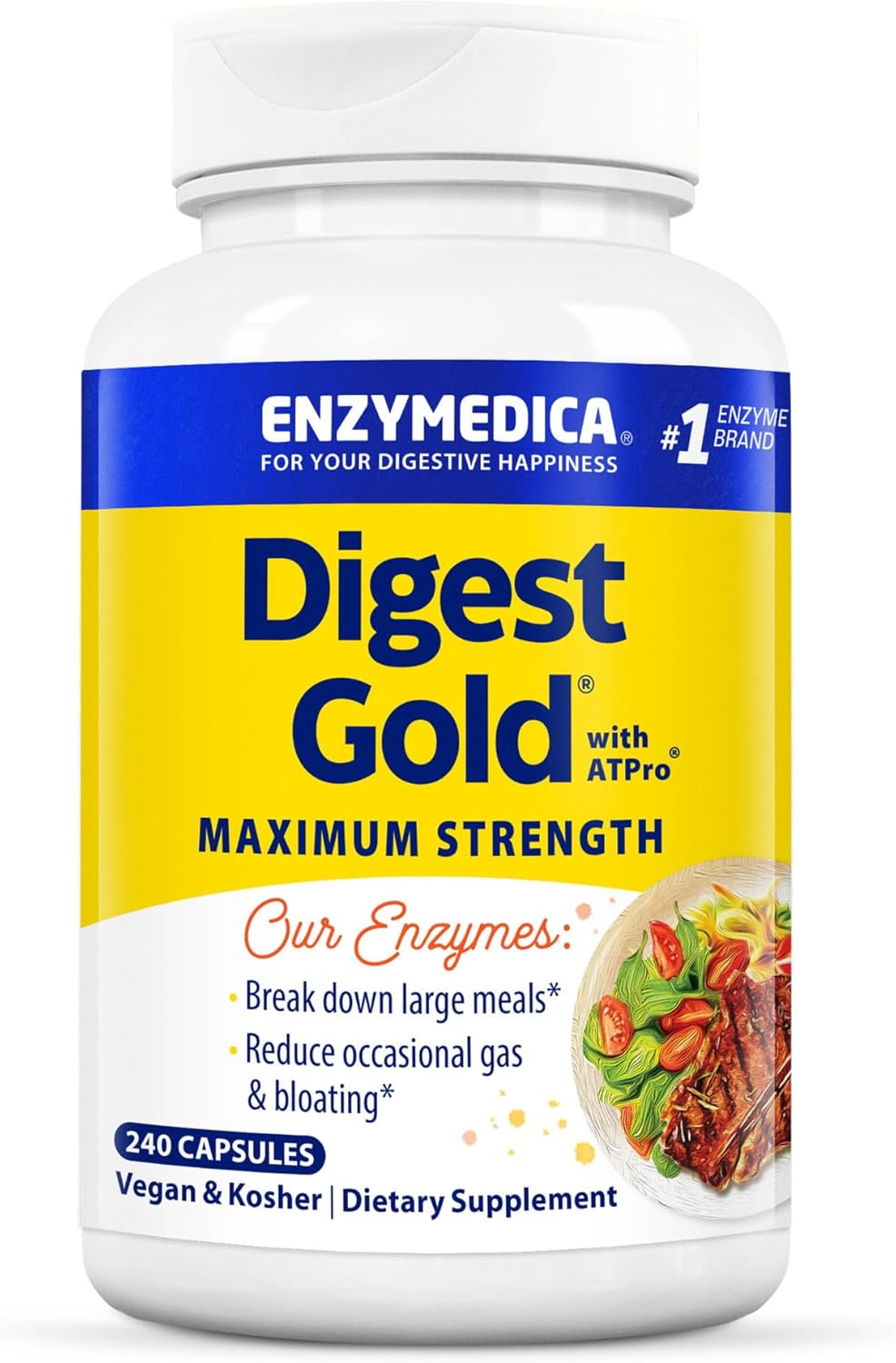 Enzymedica Digest Gold + ATPro, Maximum Strength Enzyme Formula, Prevents Bloating and Gas, 14 Key Enzymes Including Amylase, Protease, Lipase and Lactase, 240 Capsules