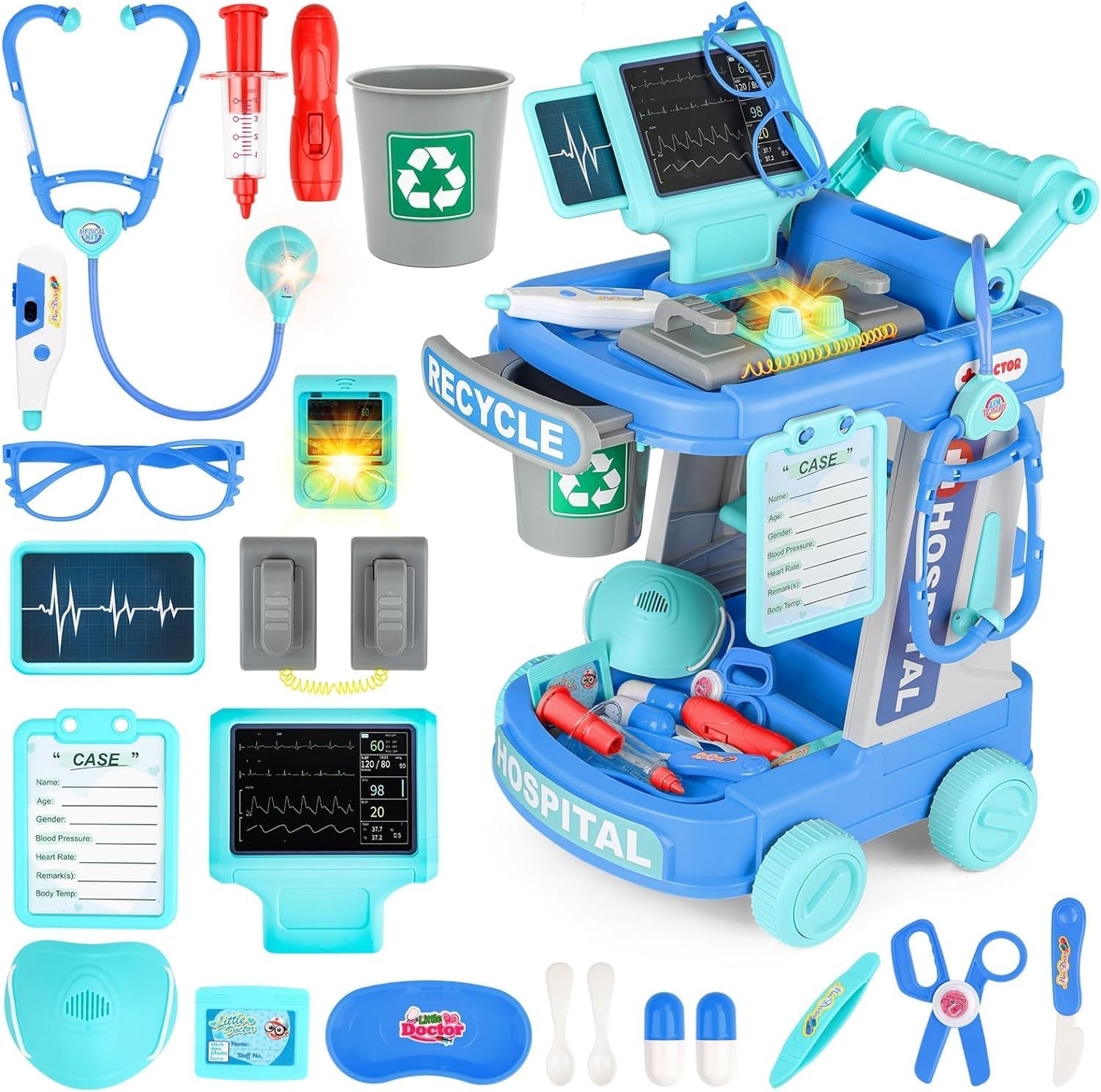 deAO Kids Doctor Playset with Medical Trolley, Pretend Play Doctor Nurse Costume Set, Role Play Medical Kit with Stethoscope, Syringe, Bandages, Learning Toy Hospital Play Center for 3-12 Kids (Blue)