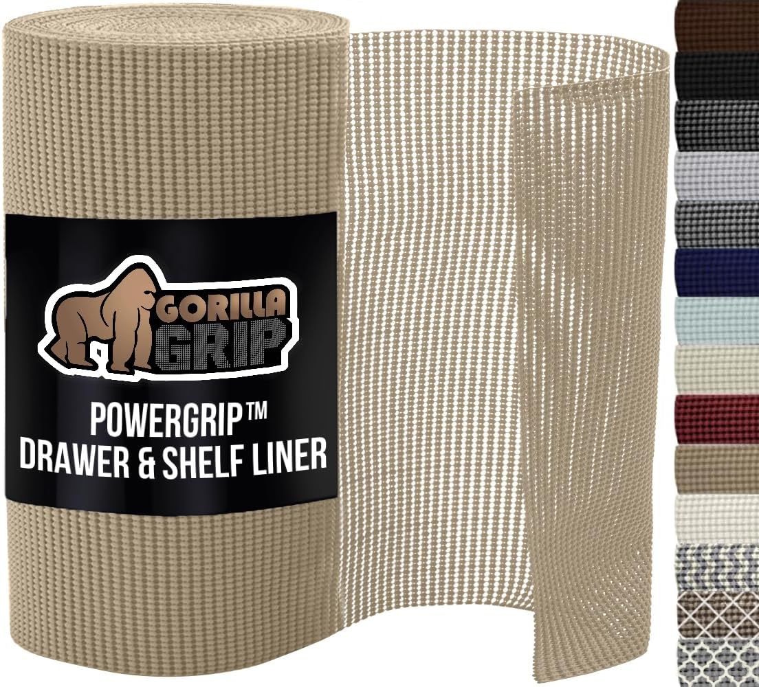 GORILLA GRIP powerGRIP Drawer Shelf and Cabinet Liner, Thick Strong Hold, Non-Adhesive Liners Protect Kitchen Cabinets and Cupboard, Bathroom Drawers, Easy Install, Breathable Mat, 12" x10', Beige